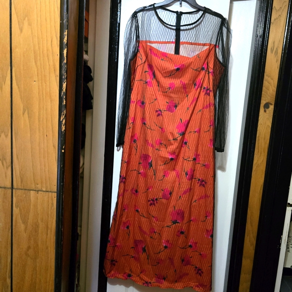 Shein Women's Elegant Orange & Black Fishnet Long Dress Size Large
